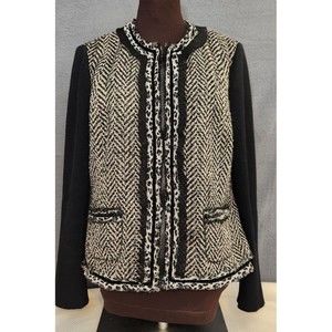 Womens Chico's Black Tweed Wool Blend‎ Herringbone Zip Animal Print Jacket Sz 1